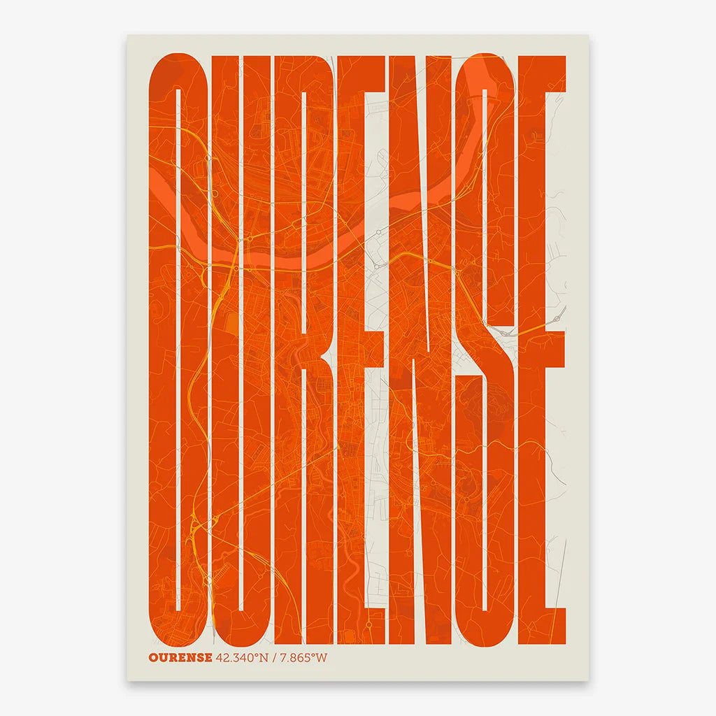 Decorative map of Ourense and letters of its name in a giclée print designed in orange and an off-white background