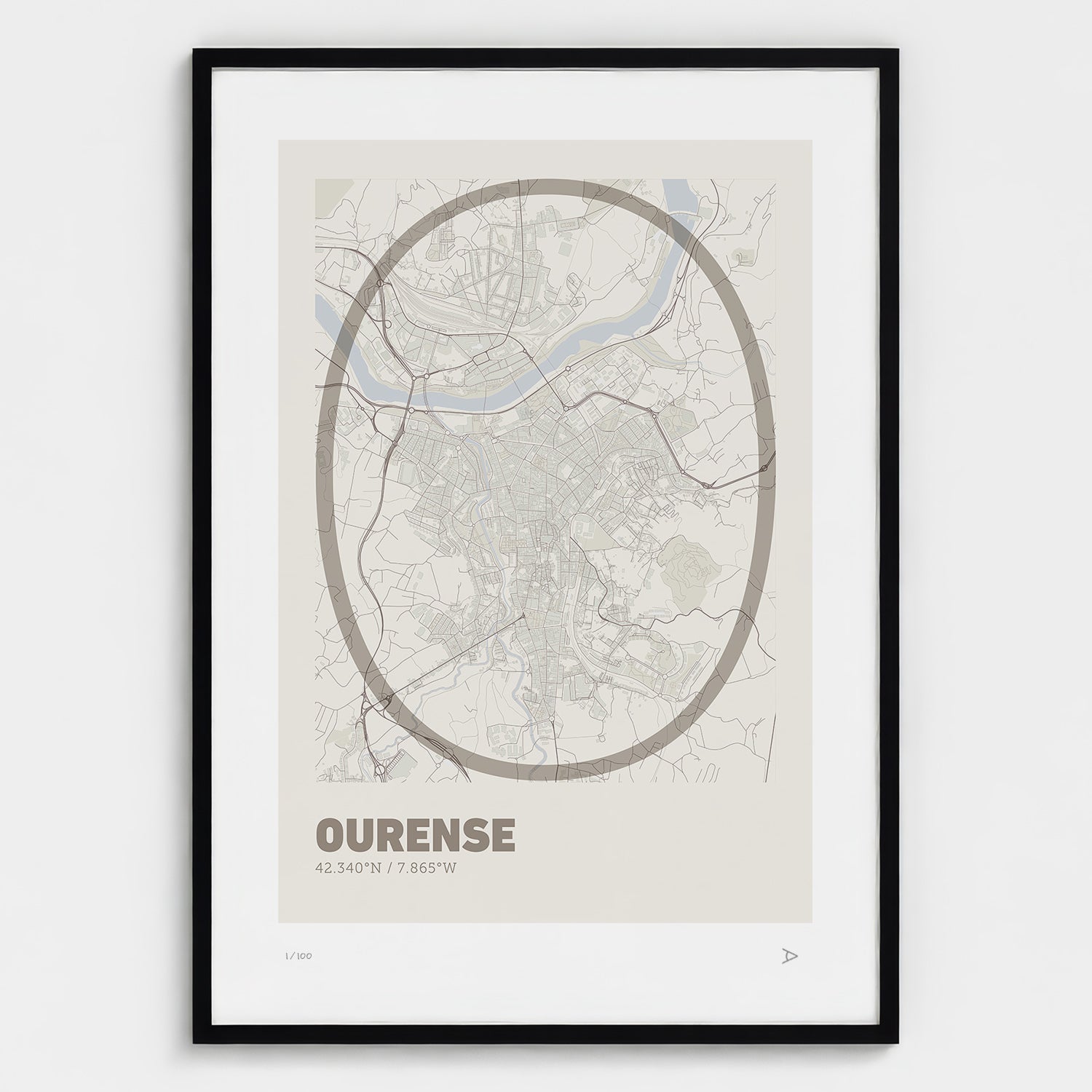 Lámina tipográfica de Ourense – diseño Ultrafina, marco negro