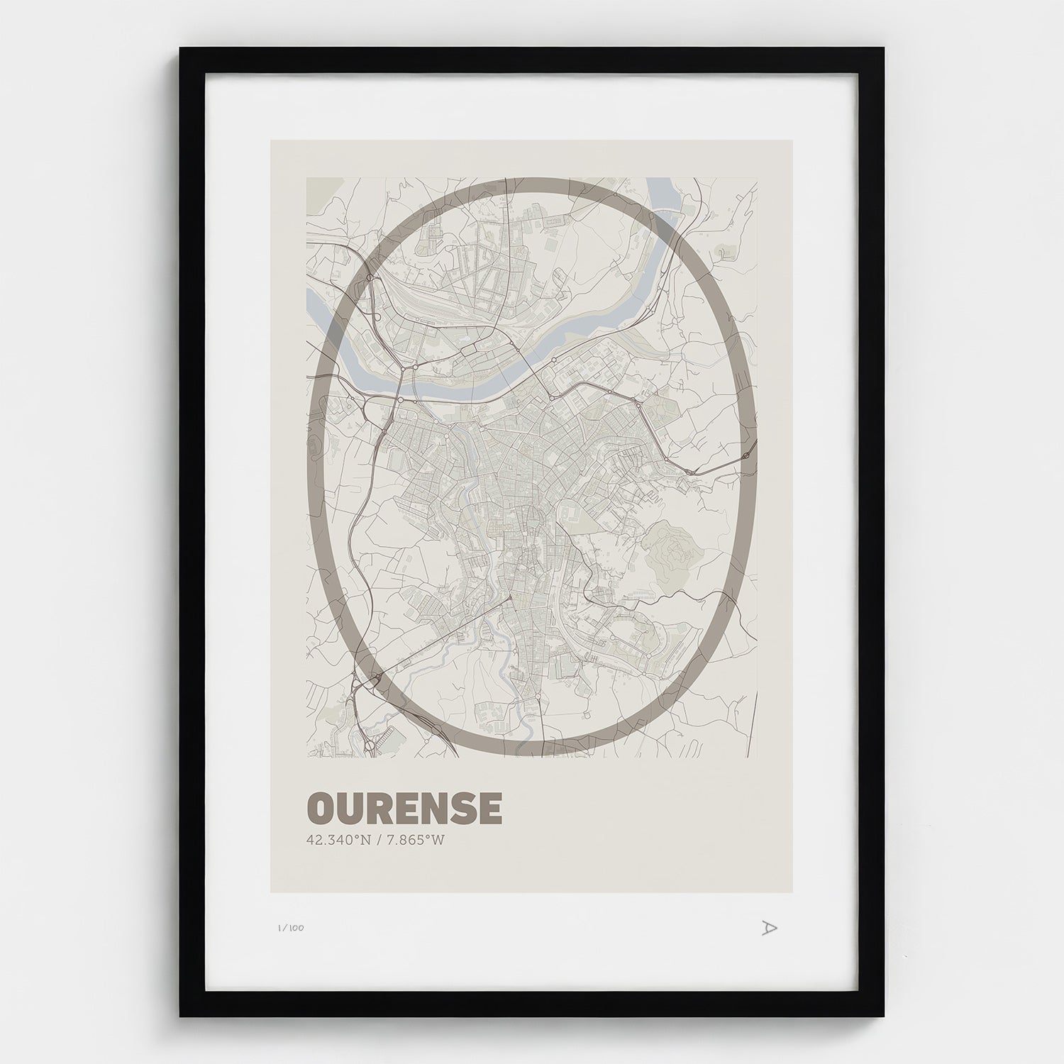 Lámina tipográfica de Ourense – diseño Ultrafina, marco negro