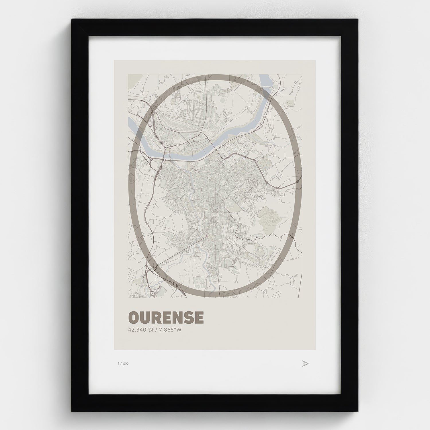 Lámina tipográfica de Ourense – diseño Ultrafina, marco negro