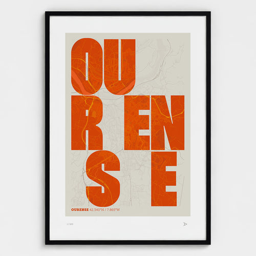 Lámina tipográfica de Ourense – diseño Revoltosa, marco negro
