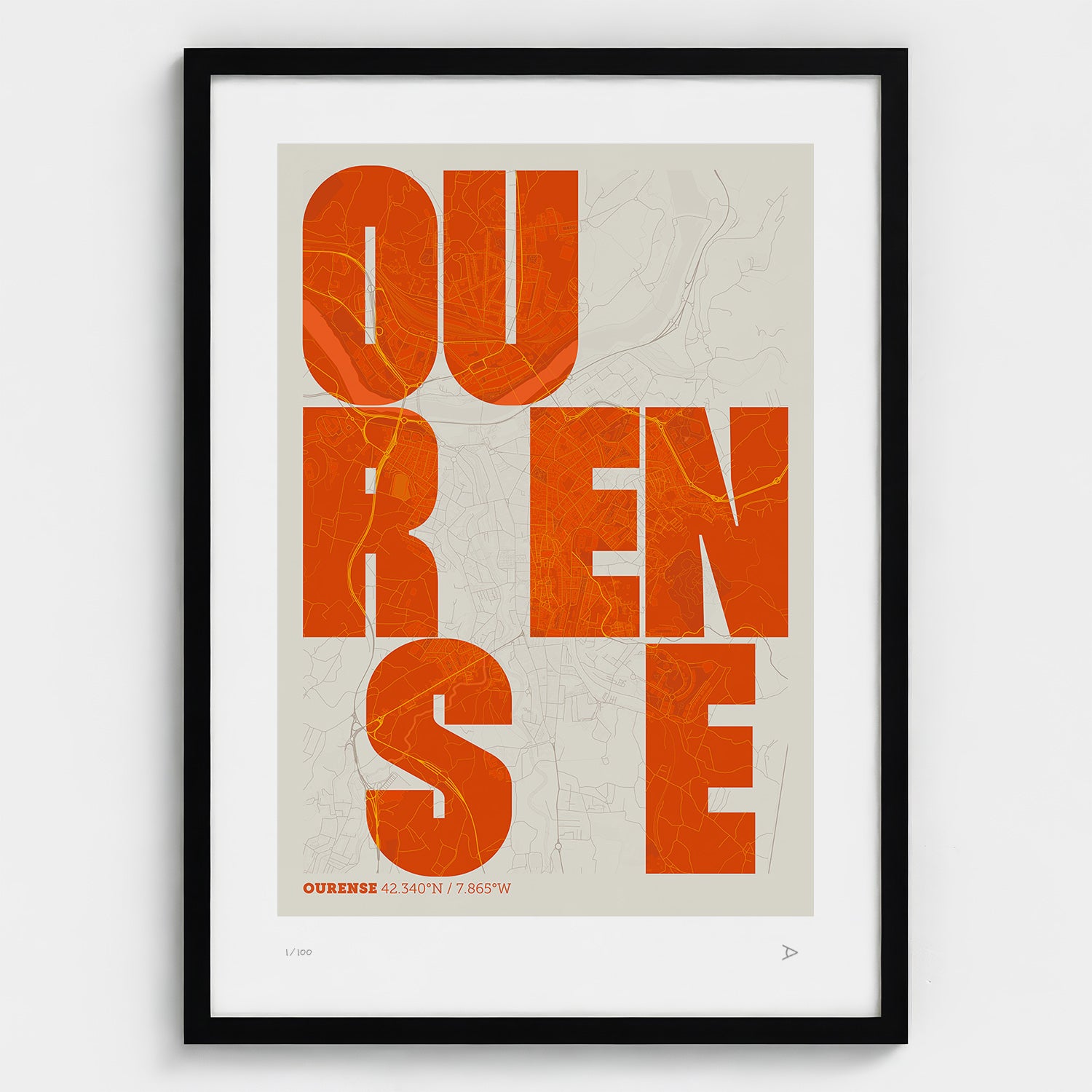 Lámina tipográfica de Ourense – diseño Revoltosa, marco negro
