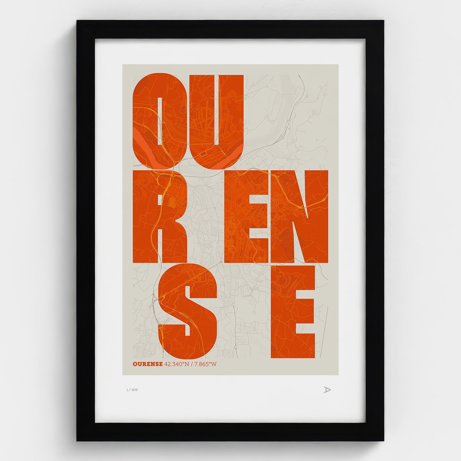 Lámina tipográfica de Ourense – diseño Revoltosa, marco negro