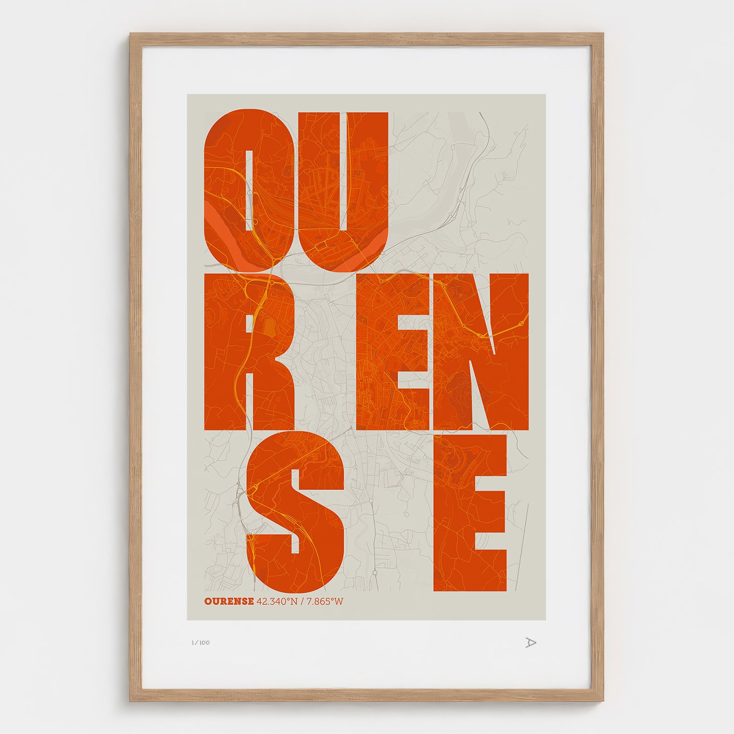 Lámina tipográfica de Ourense – diseño Revoltosa, marco de madera natural
