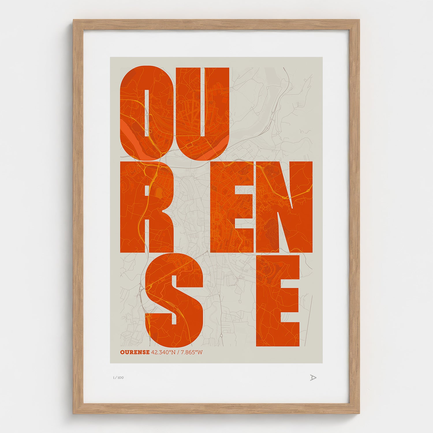 Lámina tipográfica de Ourense – diseño Revoltosa, marco de madera natural