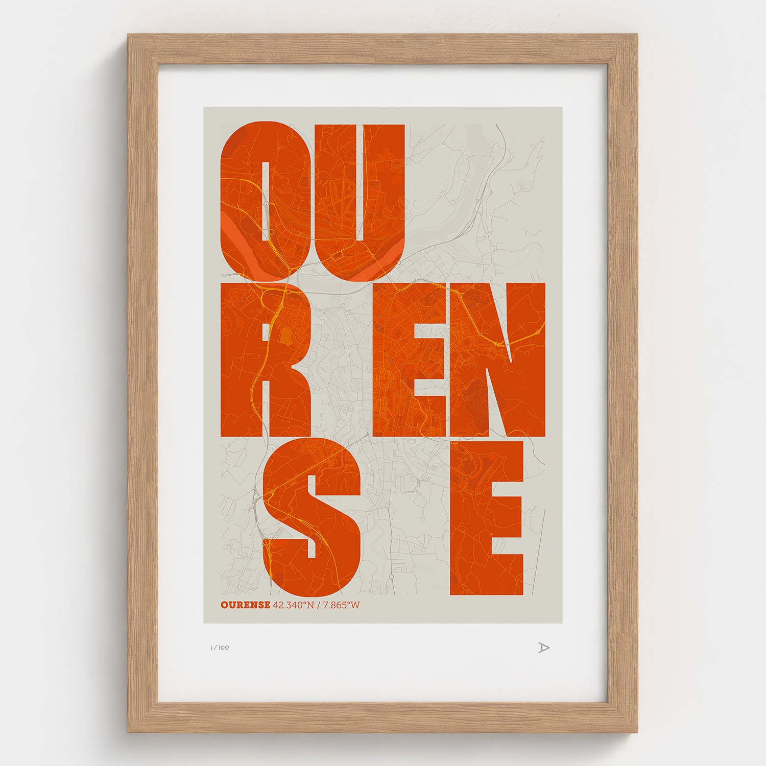 Lámina tipográfica de Ourense – diseño Revoltosa, marco de madera natural