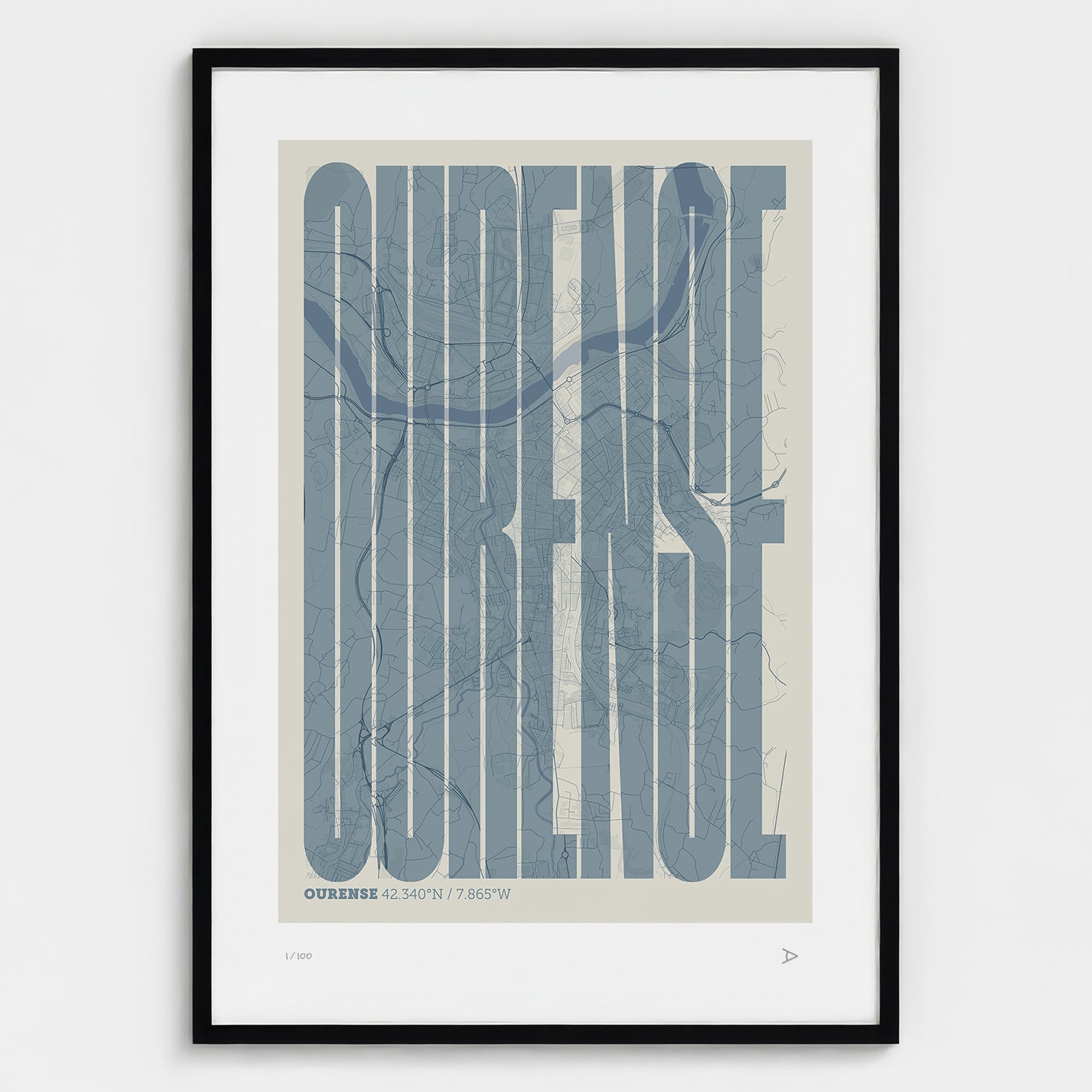 Lámina tipográfica de Ourense – diseño Extra Comprimida, marco negro
