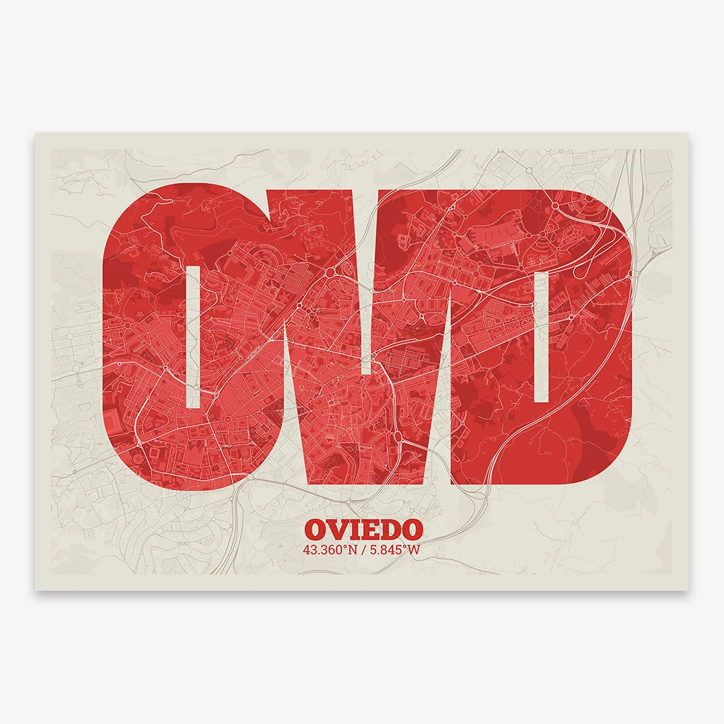 Decorative print of Oviedo composed with letters in a heavy geometric font printed on red and an off-white background