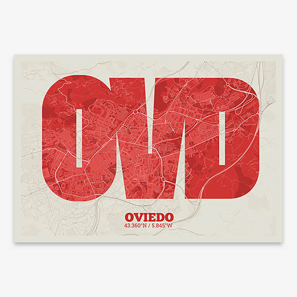 Decorative print of Oviedo composed with letters in a heavy geometric font printed on red and an off-white background