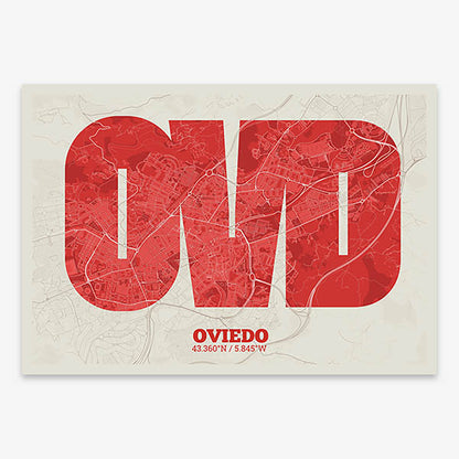 Decorative print of Oviedo composed with letters in a heavy geometric font printed on red and an off-white background