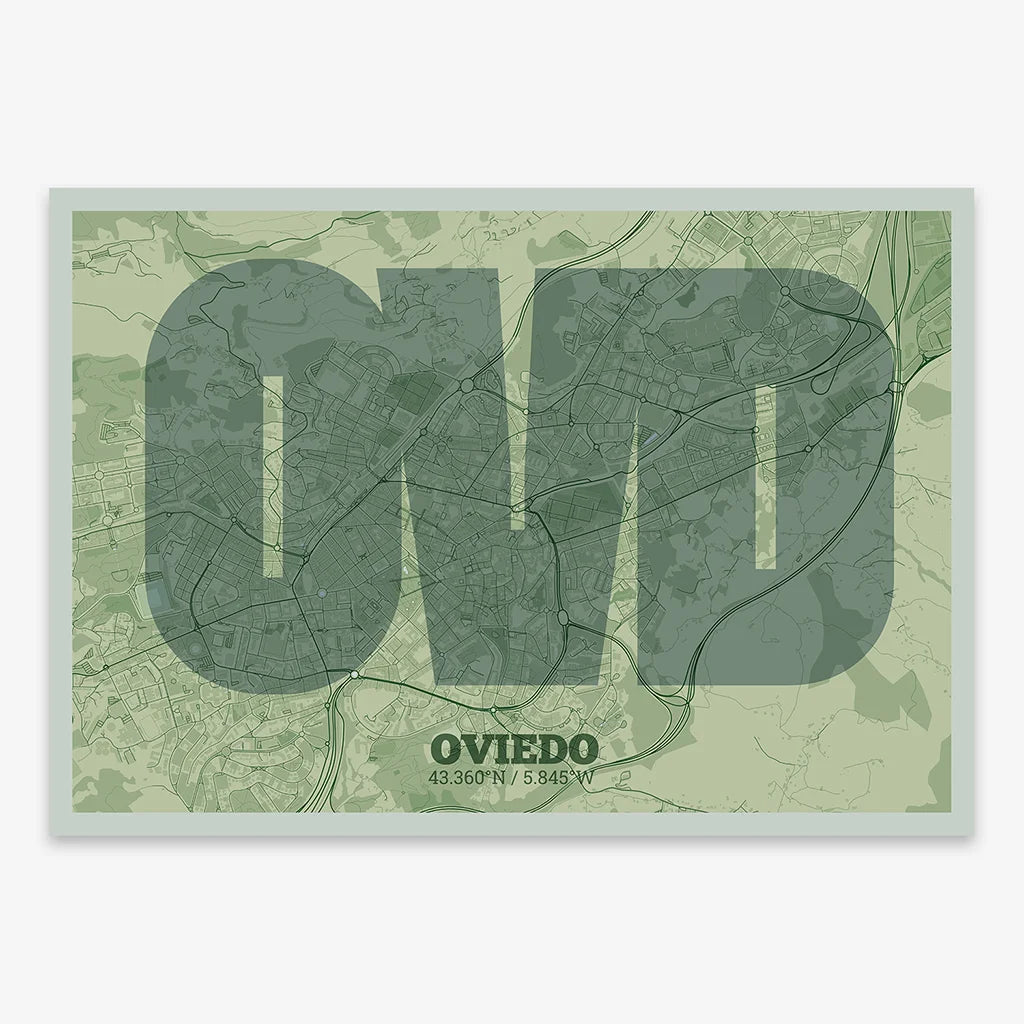 Decorative print of Oviedo composed with letters in a heavy geometric font printed on two green tones