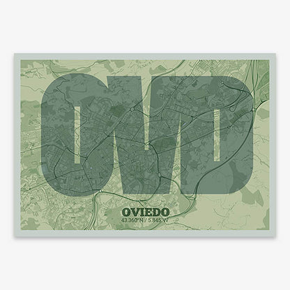 Decorative print of Oviedo composed with letters in a heavy geometric font printed on two green tones