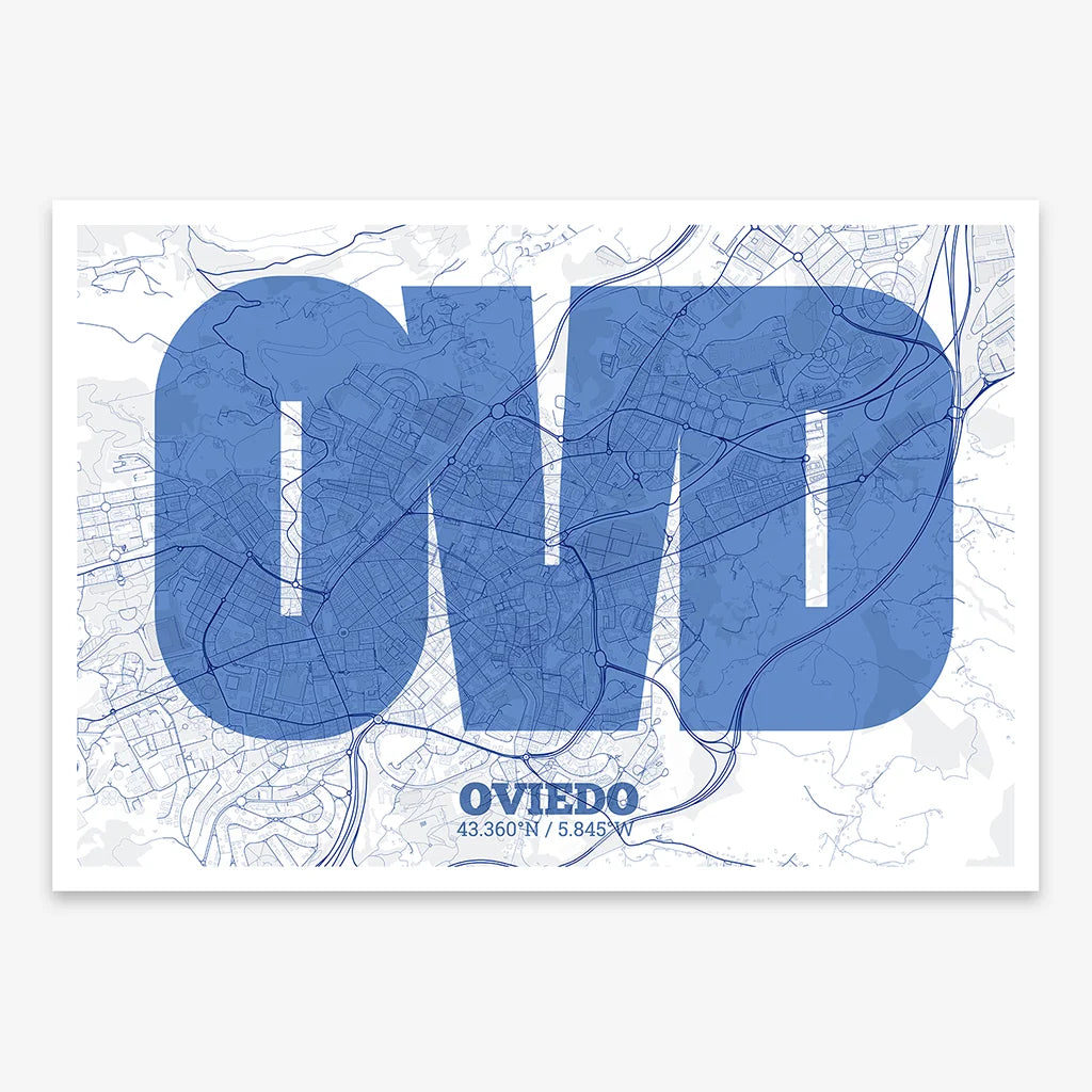 Decorative print of Oviedo composed with letters in a heavy geometric font printed on navy blue and white