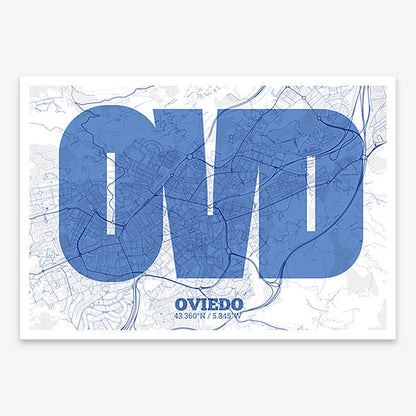 Decorative print of Oviedo composed with letters in a heavy geometric font printed on navy blue and white