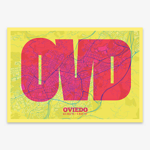 Decorative print of Oviedo composed with letters in a heavy geometric font printed on yellow and fuchsia