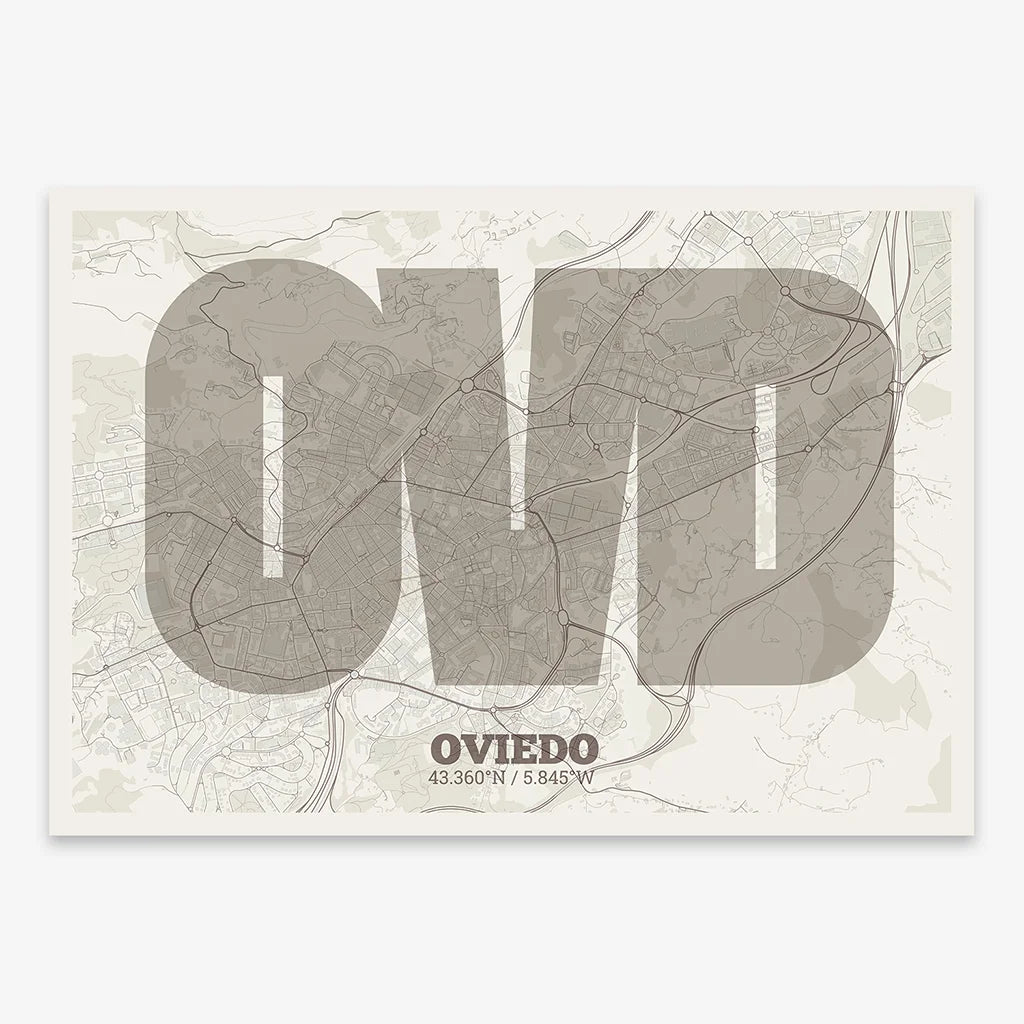 Decorative print of Oviedo composed with letters in a heavy geometric font printed on light brown and an off-white background