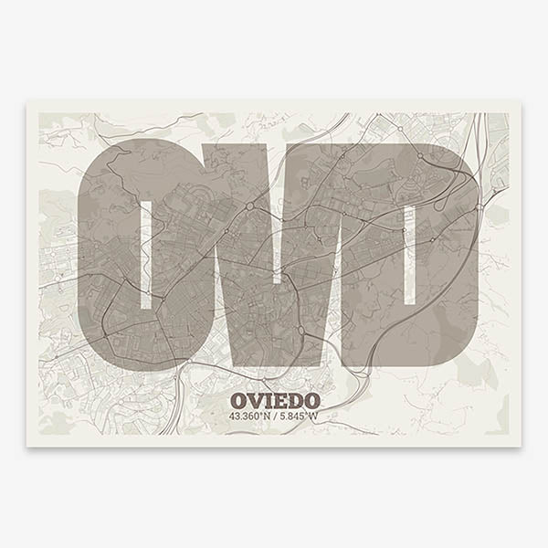 Decorative print of Oviedo composed with letters in a heavy geometric font printed on light brown and an off-white background