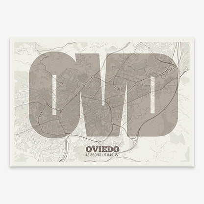 Decorative print of Oviedo composed with letters in a heavy geometric font printed on light brown and an off-white background