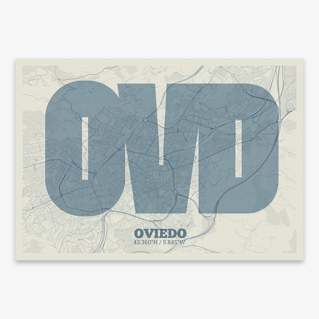 Decorative print of Oviedo composed with letters in a heavy geometric font printed on bluish gray and an off-white background
