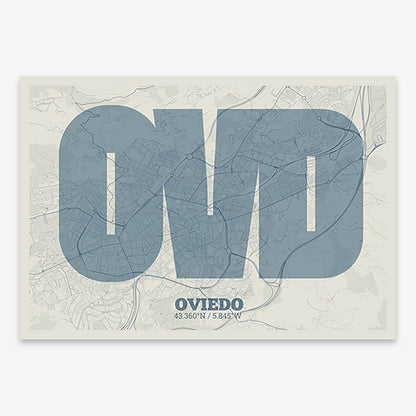 Decorative print of Oviedo composed with letters in a heavy geometric font printed on bluish gray and an off-white background