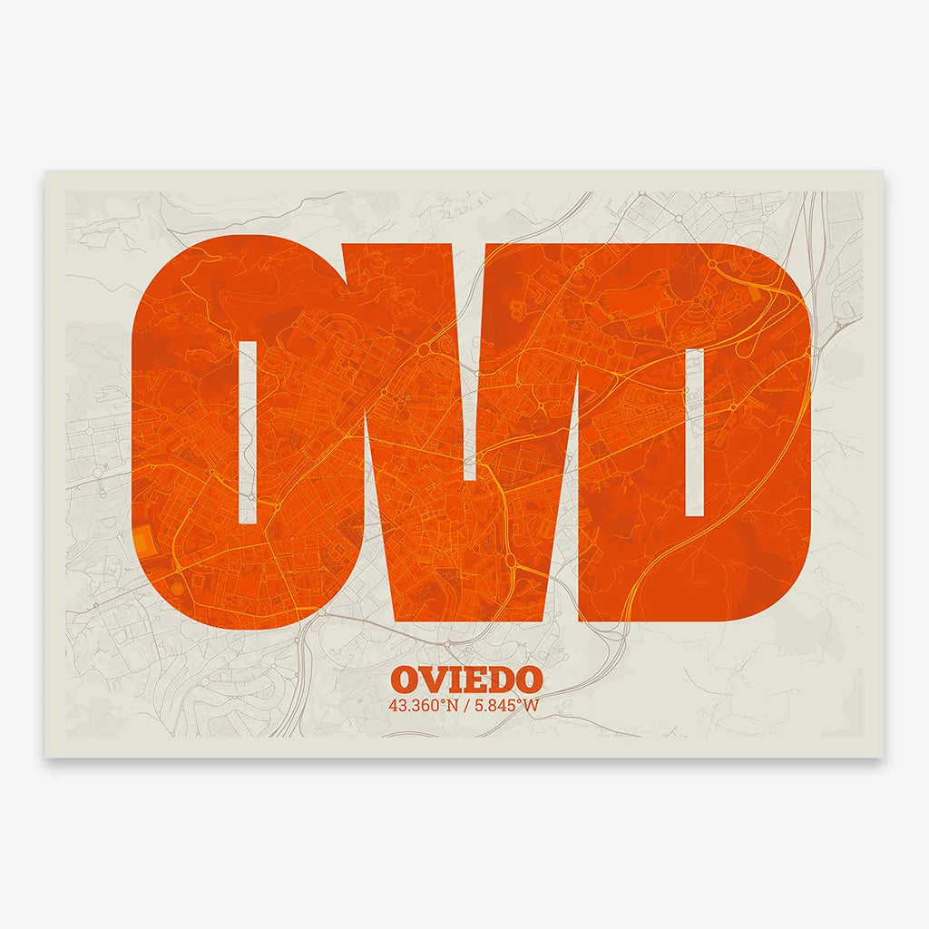 Decorative print of Oviedo composed with letters in a heavy geometric font printed on orange and an off-white background