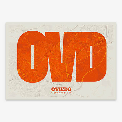 Decorative print of Oviedo composed with letters in a heavy geometric font printed on orange and an off-white background