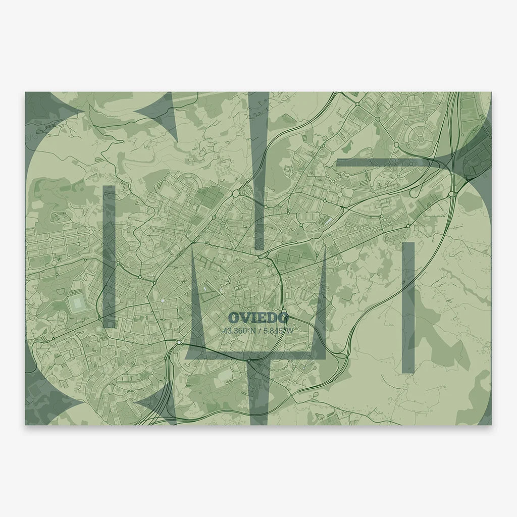 Poster of Oviedo composed with letters from its abbreviation or its airport IATA code printed on two green tones