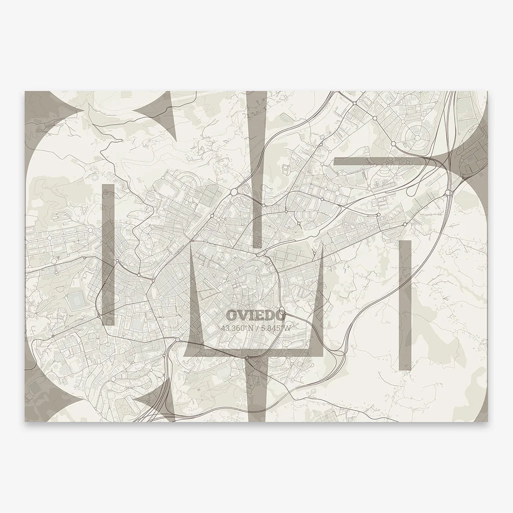 Poster of Oviedo composed with letters from its abbreviation or its airport IATA code printed on light brown and an off-white background