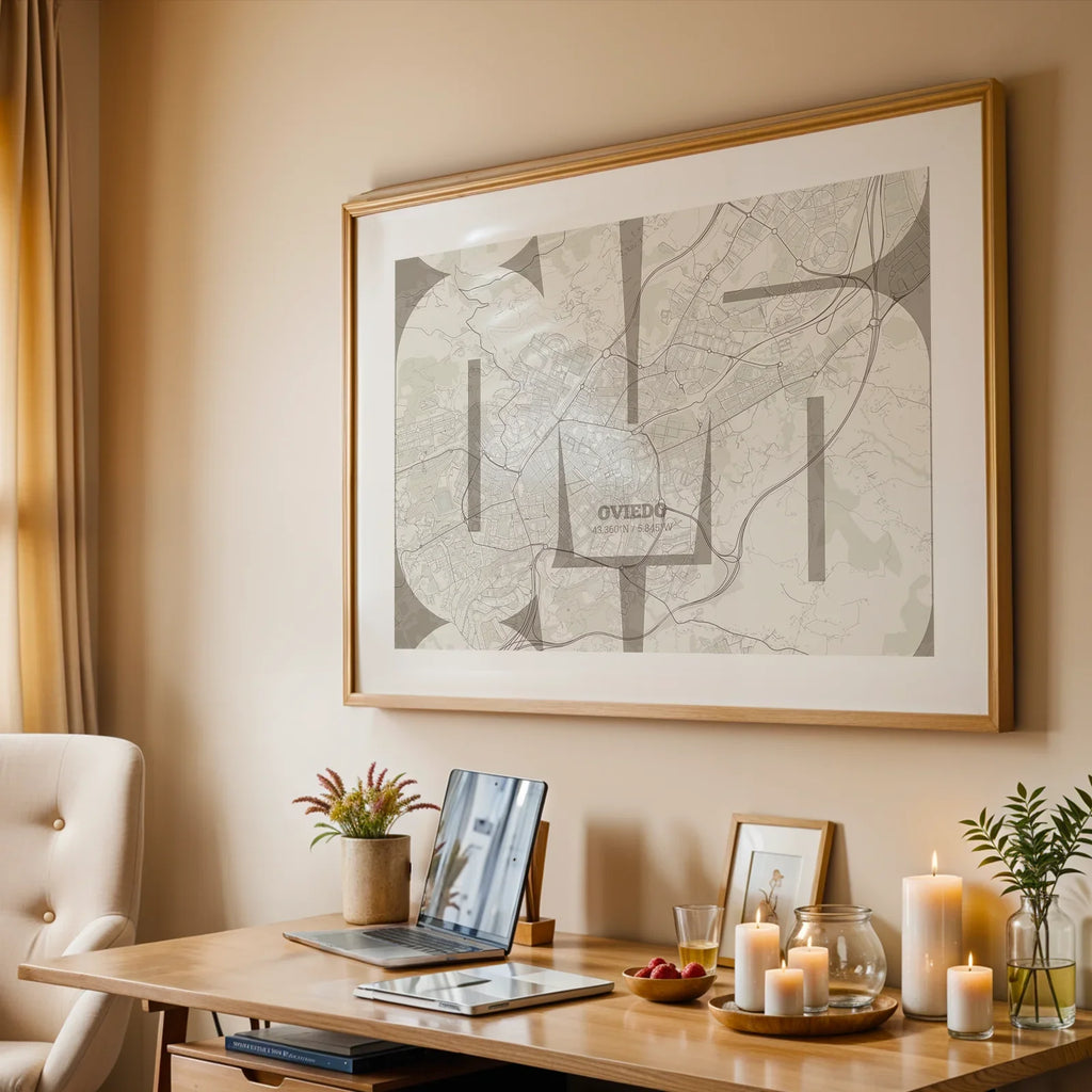 Modern interior design with a Oviedo in Inseparable design, featuring the city's abbreviation in expressive typography over a detailed urban map designed in light brown and an off-white background, displayed on a living room wall