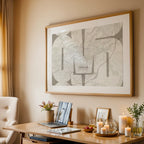 Modern interior design with a Oviedo in Inseparable design, featuring the city's abbreviation in expressive typography over a detailed urban map designed in light brown and an off-white background, displayed on a living room wall