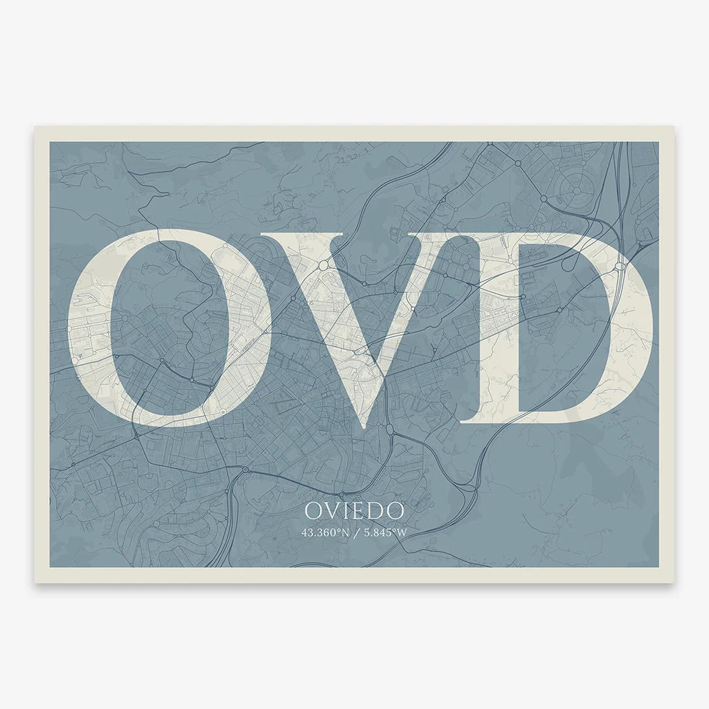 The map of Oviedo in Classic design, inspired by chiseled typography with an elegant font that creates a beautiful visual contrast designed in bluish gray and an off-white background