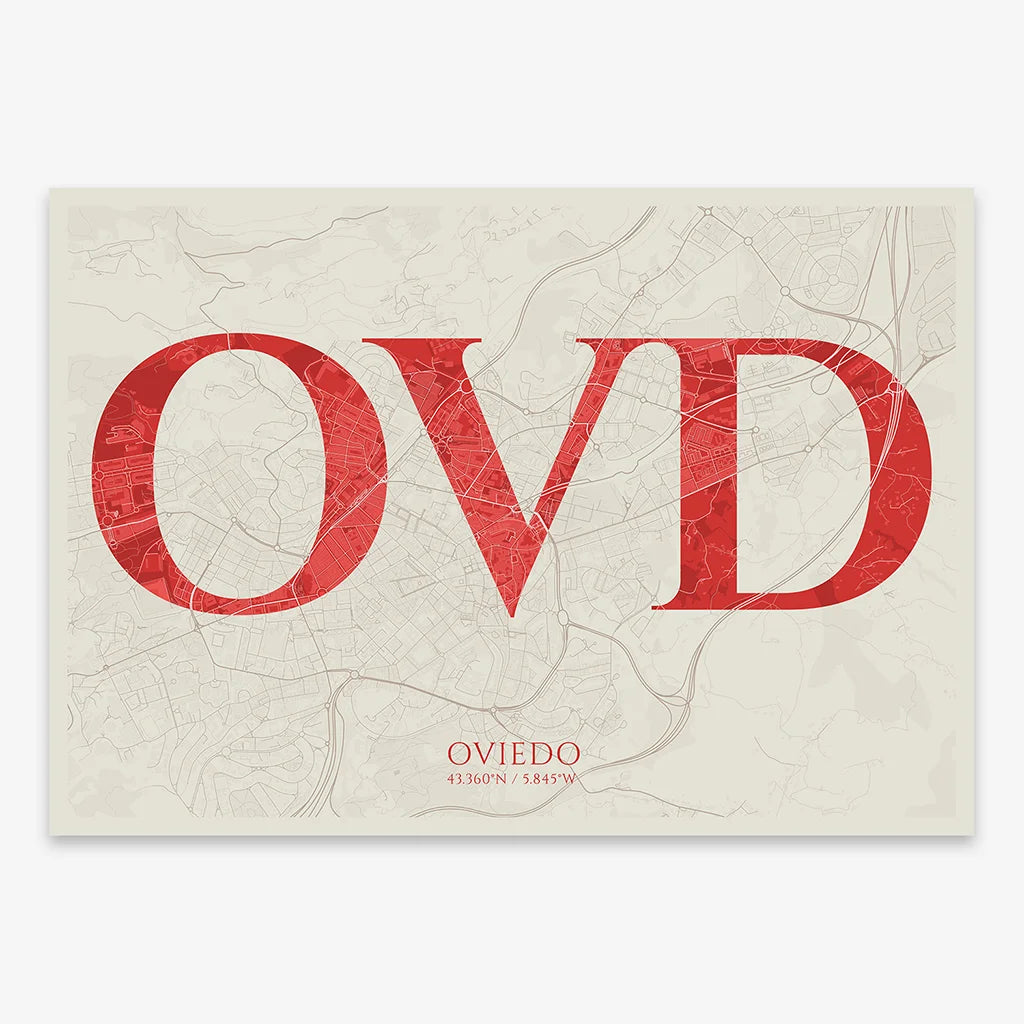 Decorative map of Oviedo composed with letters in serif font printed on red and an off-white background