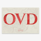 Decorative map of Oviedo composed with letters in serif font printed on red and an off-white background