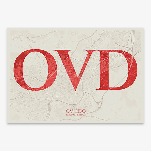 Decorative map of Oviedo composed with letters in serif font printed on red and an off-white background