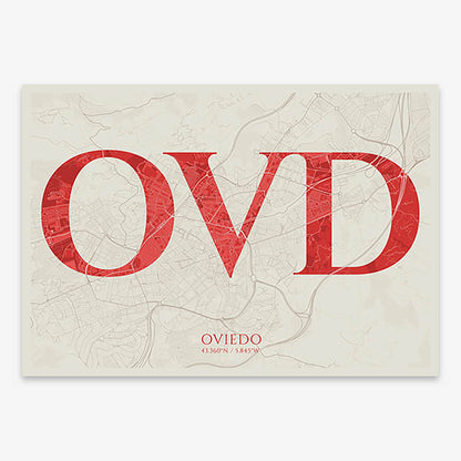 Decorative map of Oviedo composed with letters in serif font printed on red and an off-white background