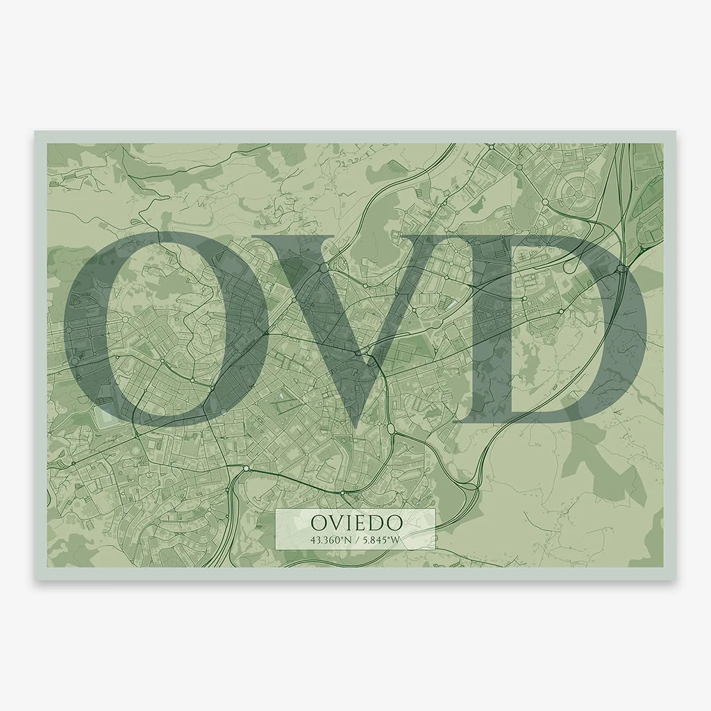 Decorative map of Oviedo composed with letters in serif font printed on two green tones