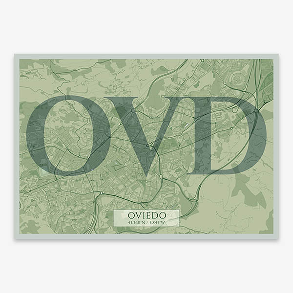 Decorative map of Oviedo composed with letters in serif font printed on two green tones