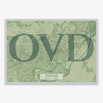 Decorative map of Oviedo composed with letters in serif font printed on two green tones