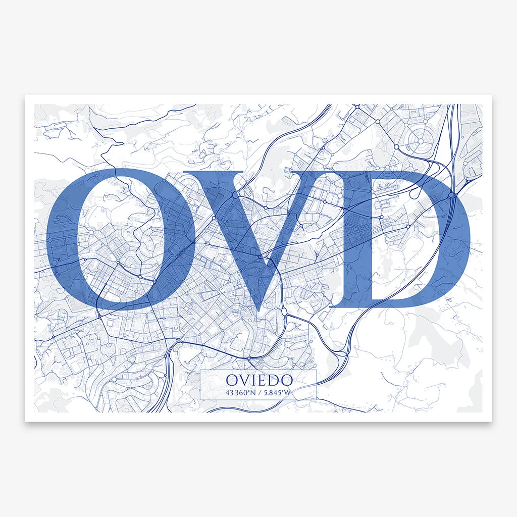 Decorative map of Oviedo composed with letters in serif font printed on navy blue and white