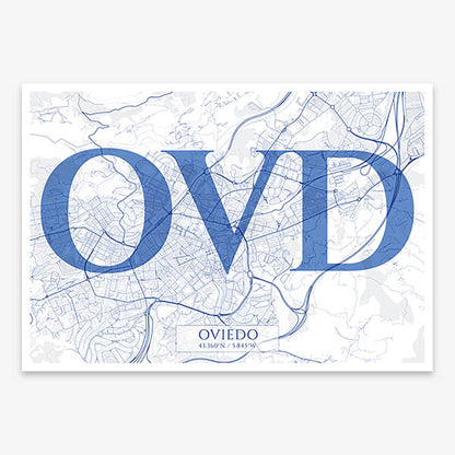 Decorative map of Oviedo composed with letters in serif font printed on navy blue and white
