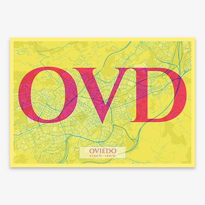 Decorative map of Oviedo composed with letters in serif font printed on yellow and fuchsia