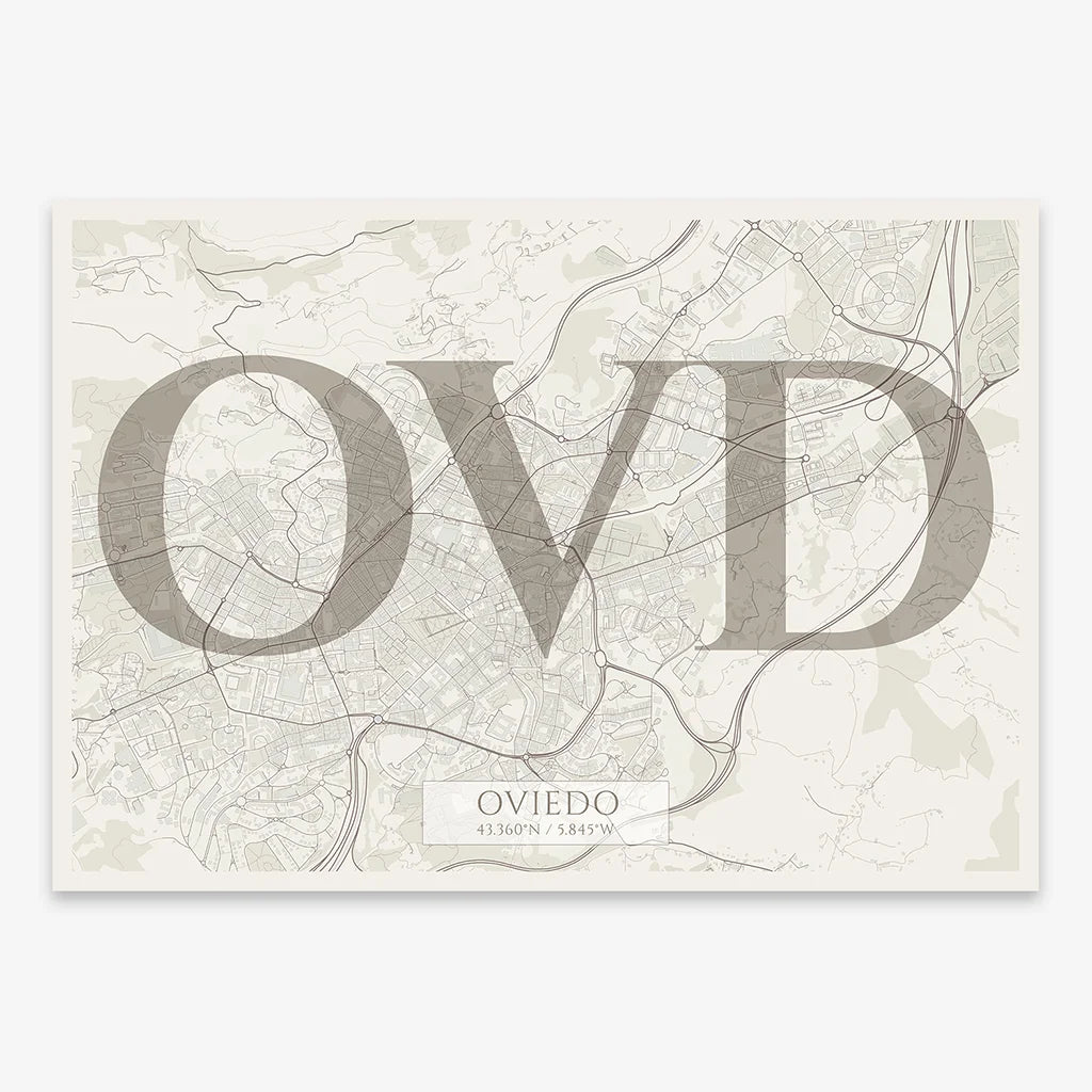 Decorative map of Oviedo composed with letters in serif font printed on light brown and an off-white background
