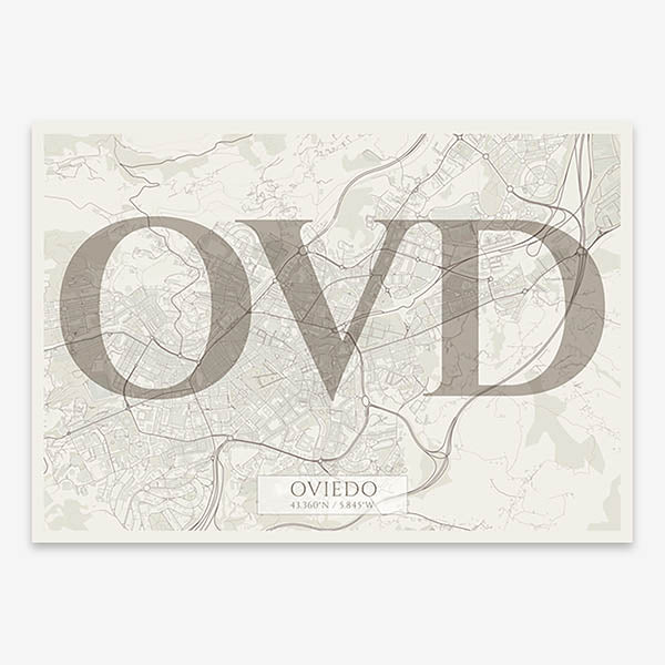 Decorative map of Oviedo composed with letters in serif font printed on light brown and an off-white background
