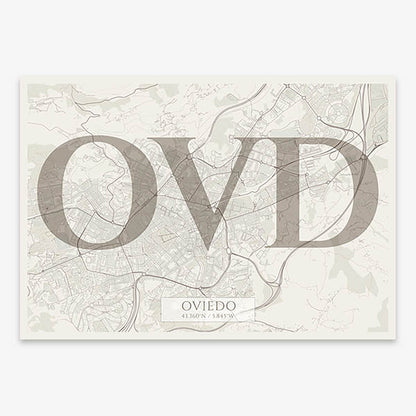 Decorative map of Oviedo composed with letters in serif font printed on light brown and an off-white background