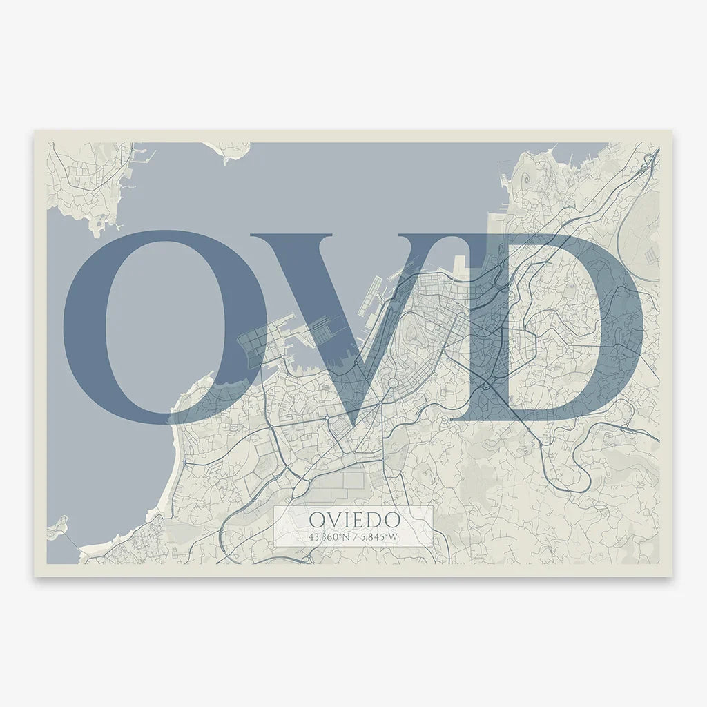 The map of Oviedo in Classic design, inspired by chiseled typography with an elegant font that creates a beautiful visual contrast designed in bluish gray and an off-white background