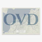 The map of Oviedo in Classic design, inspired by chiseled typography with an elegant font that creates a beautiful visual contrast designed in bluish gray and an off-white background