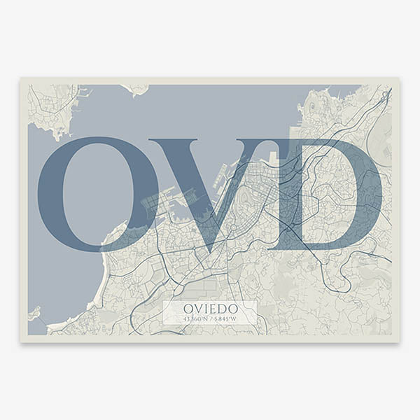 Decorative map of Oviedo composed with letters in serif font printed on bluish gray and an off-white background