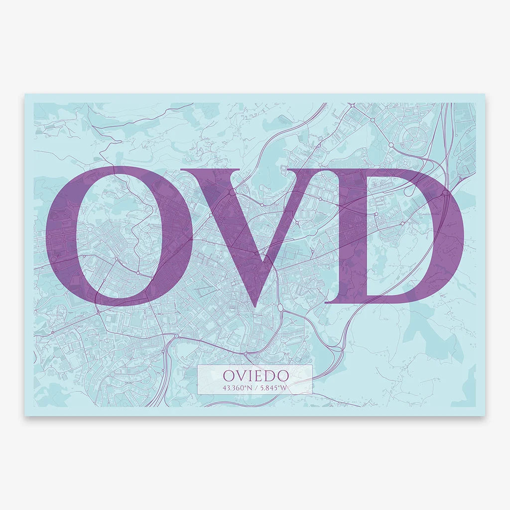 Decorative map of Oviedo composed with letters in serif font printed on purple and light blue
