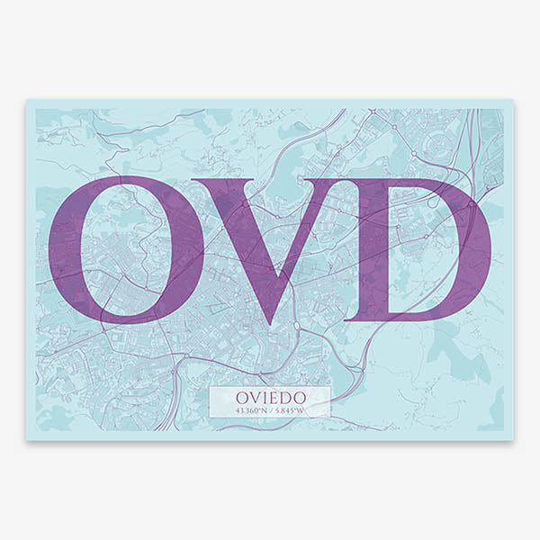 Decorative map of Oviedo composed with letters in serif font printed on purple and light blue