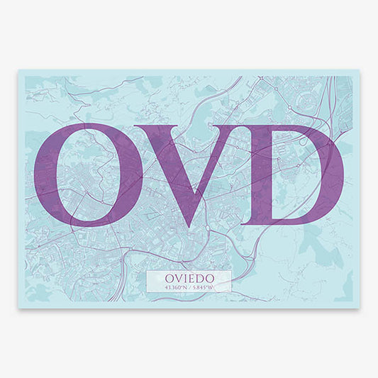 Decorative map of Oviedo composed with letters in serif font printed on purple and light blue